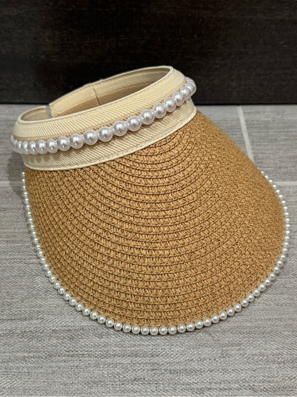 Pearl Trim Straw Visor Hat - Beige/Tan